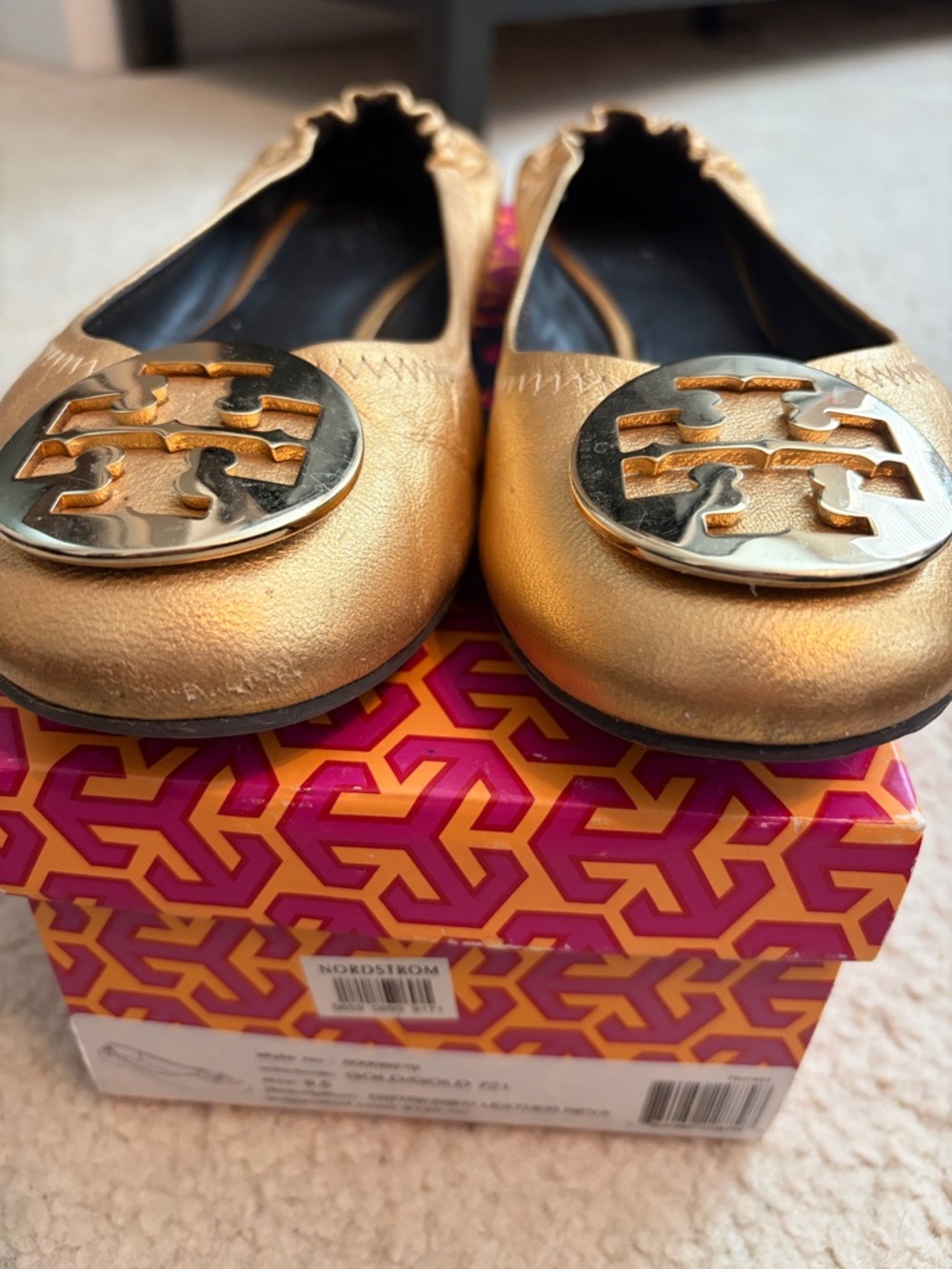 Tory Burch Metallic Gold Logo Reva Ballet Flats 9.5 - Picture 2 of 7